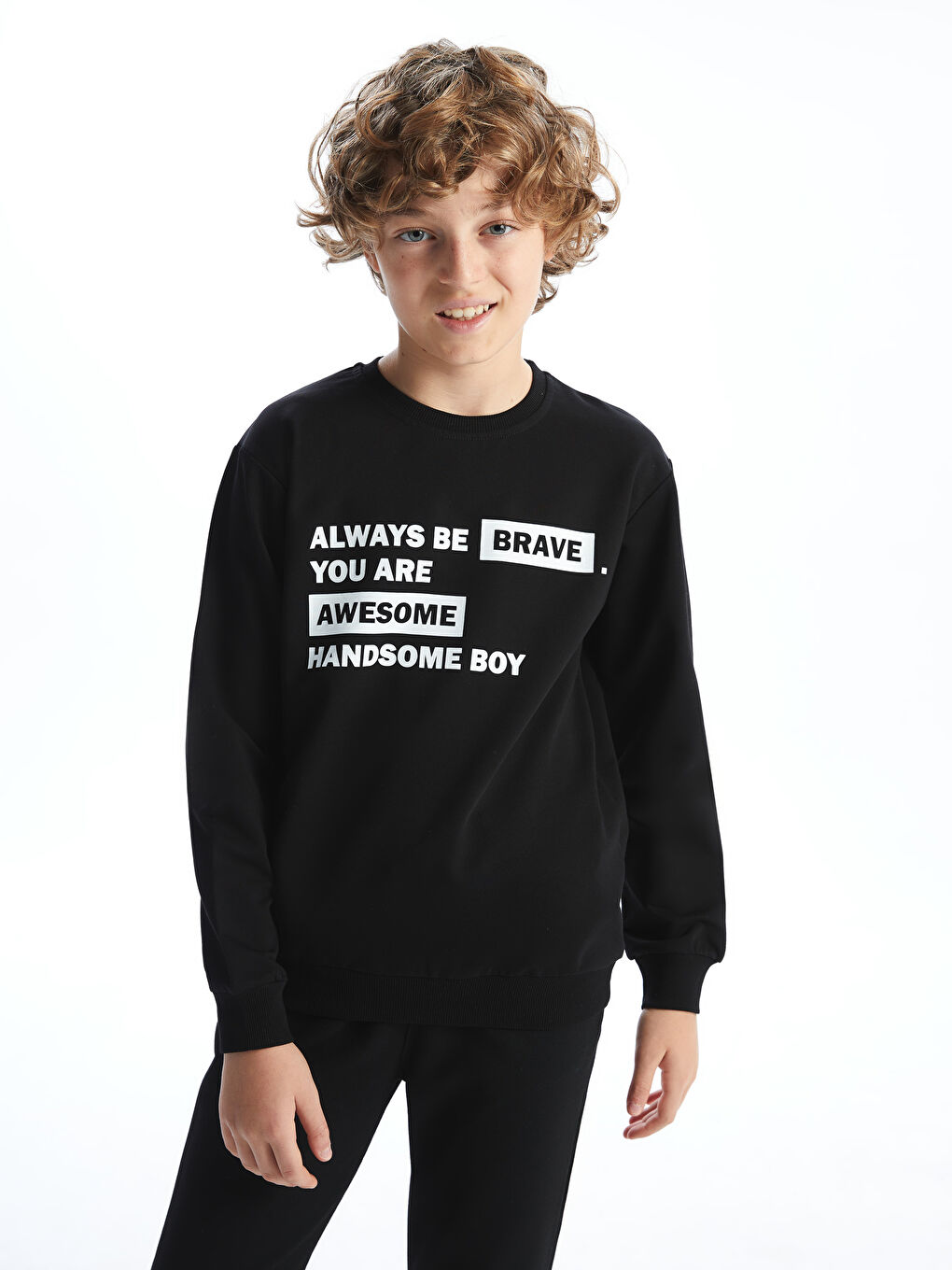 Siyah Bisiklet Yaka Baskılı Erkek Çocuk Sweatshirt