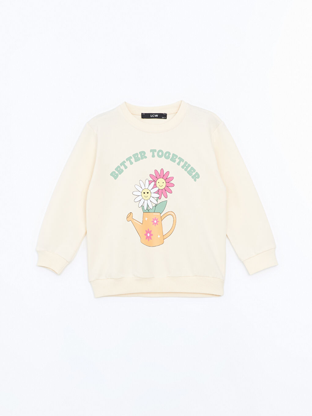 LCW baby Ekru Bisiklet Yaka Baskılı Kız Bebek Sweatshirt