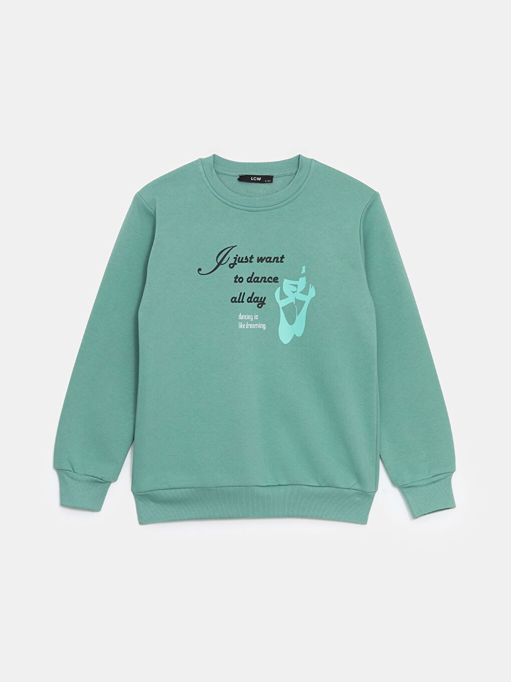 LCW Kids Yeşil Bisiklet Yaka Baskılı Kız Çocuk Sweatshirt