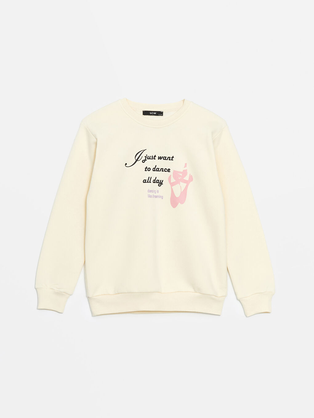 LCW Kids Ekru Bisiklet Yaka Baskılı Kız Çocuk Sweatshirt