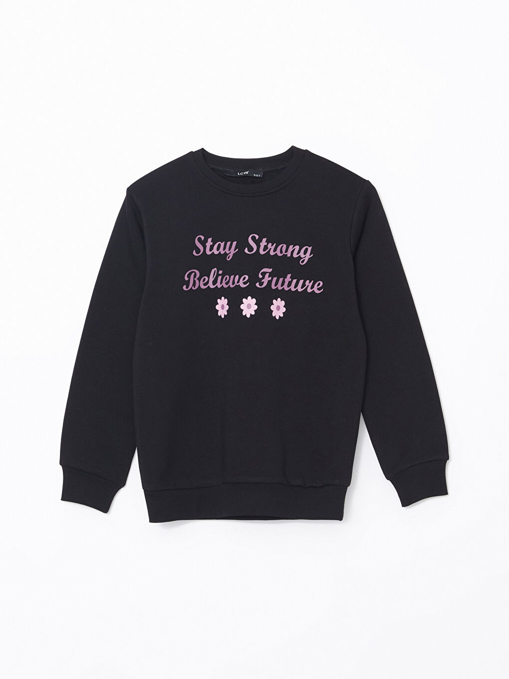 LCW Kids Siyah Bisiklet Yaka Baskılı Kız Çocuk Sweatshirt