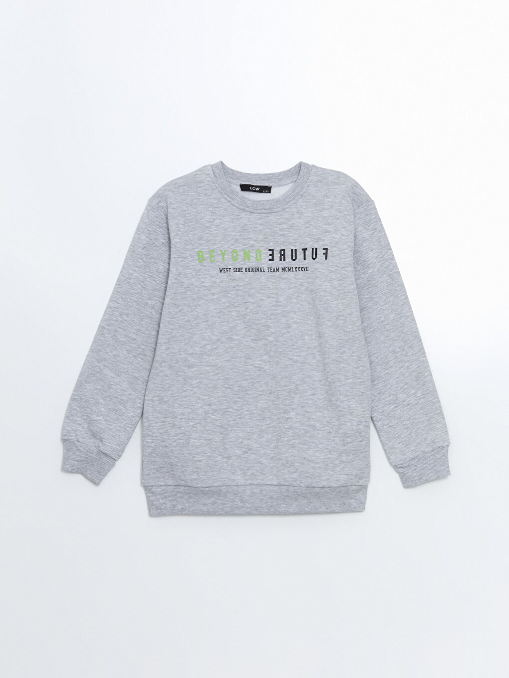 LCW Kids Gri Bisiklet Yaka Baskılı Erkek Çocuk Sweatshirt