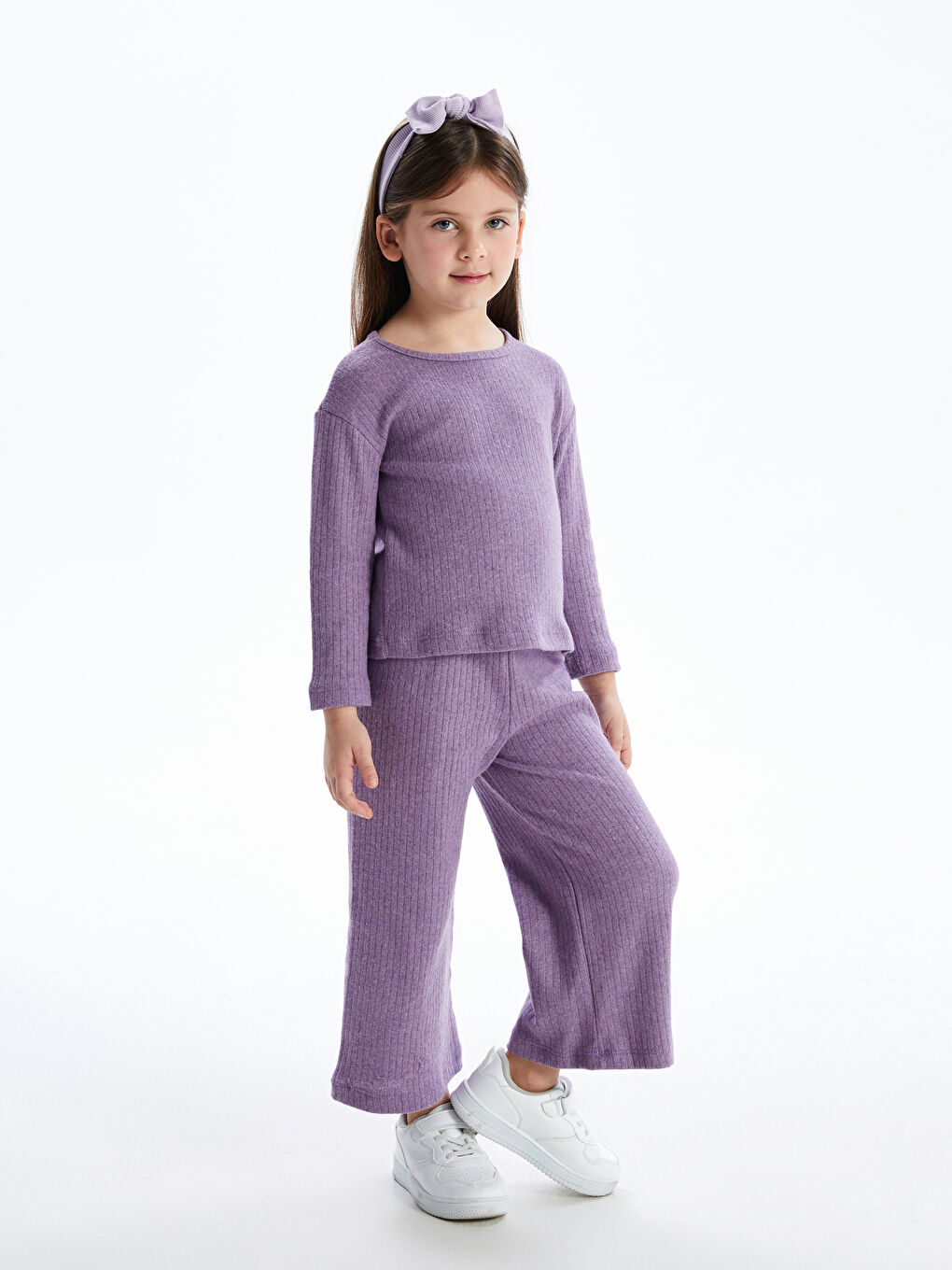 Lila Bisiklet Yaka Basic Kız Çocuk Tişört ve Pantolon 2'li-1