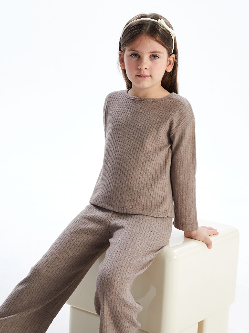 Kahverengi Bisiklet Yaka Basic Kız Çocuk Tişört ve Pantolon 2'li