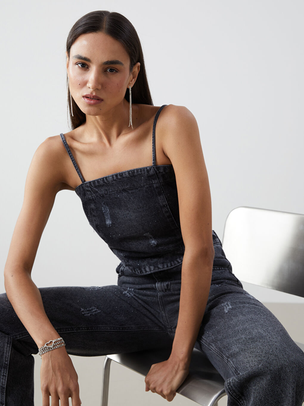 Square Collar Strappy Women's Denim Crop Top