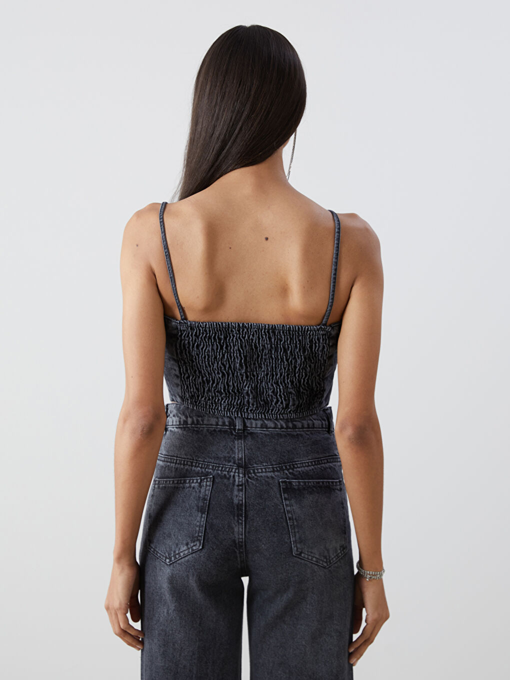 Square Collar Strappy Women's Denim Crop Top-3