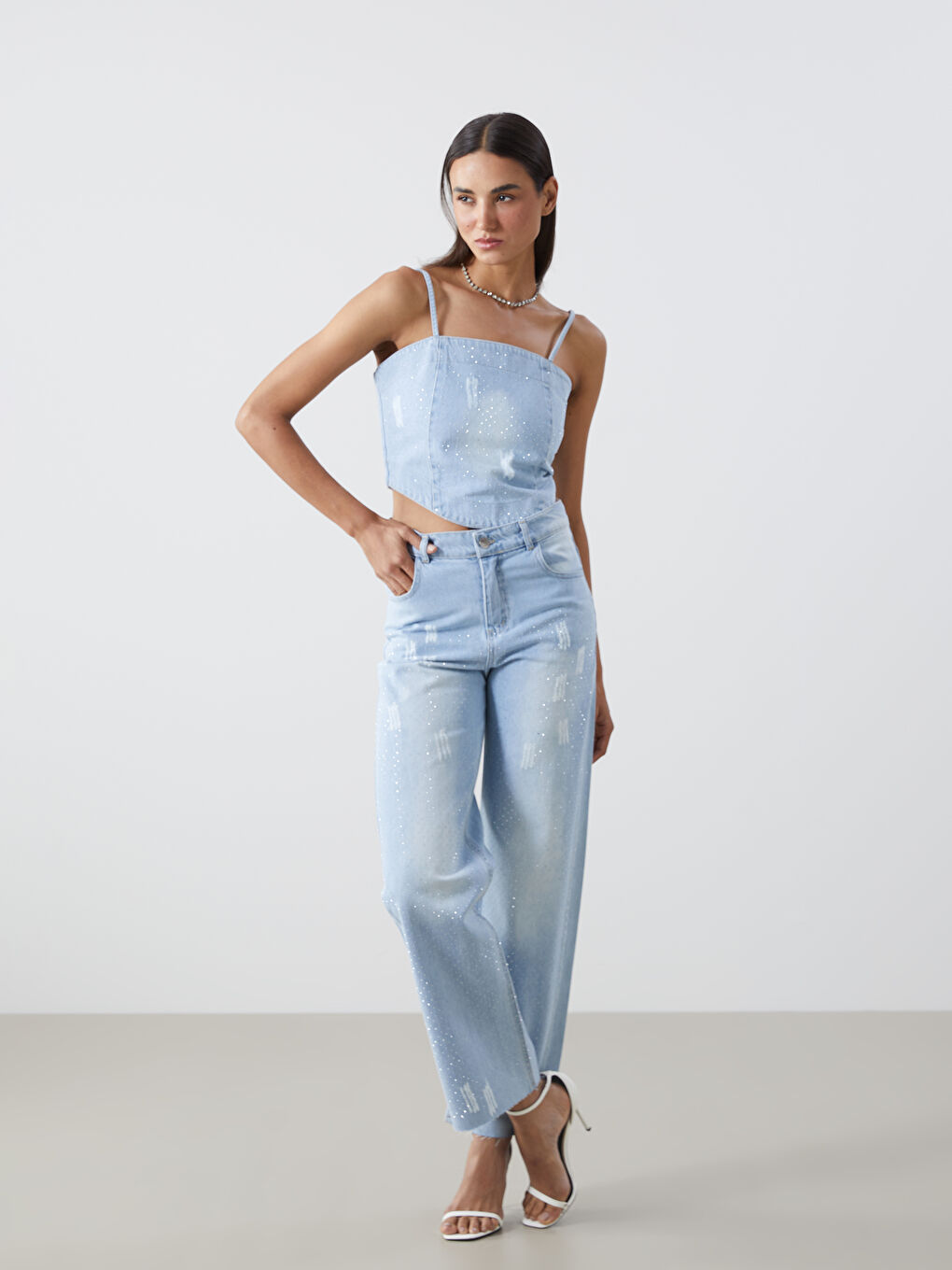 Square Collar Strappy Women's Denim Crop Top-1