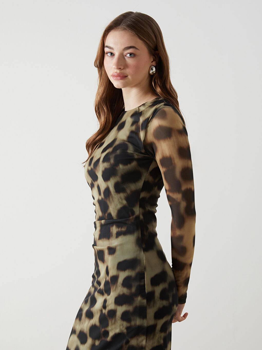 Kahverengi Bisiklet Yaka Leopar Desenli Elbise-1