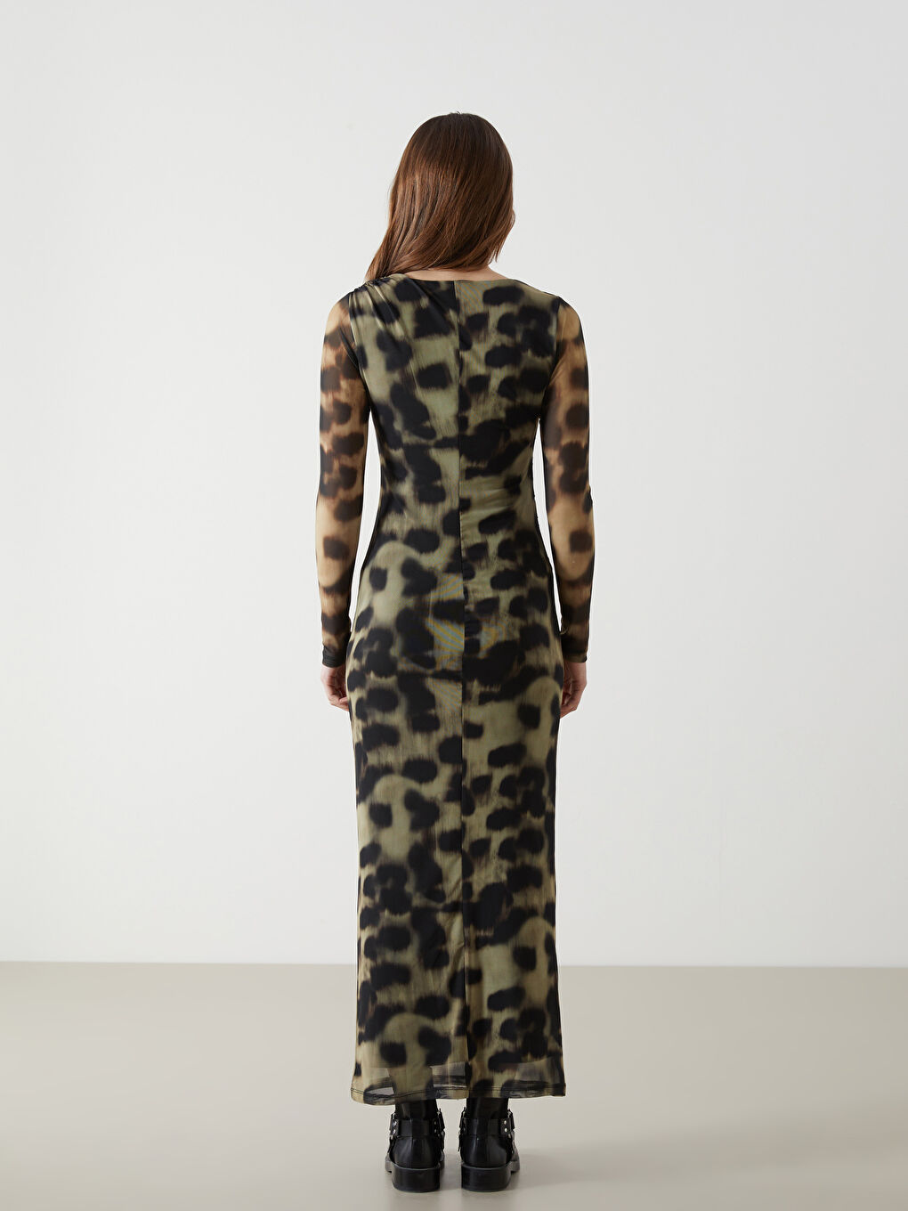 Kahverengi Bisiklet Yaka Leopar Desenli Elbise-3