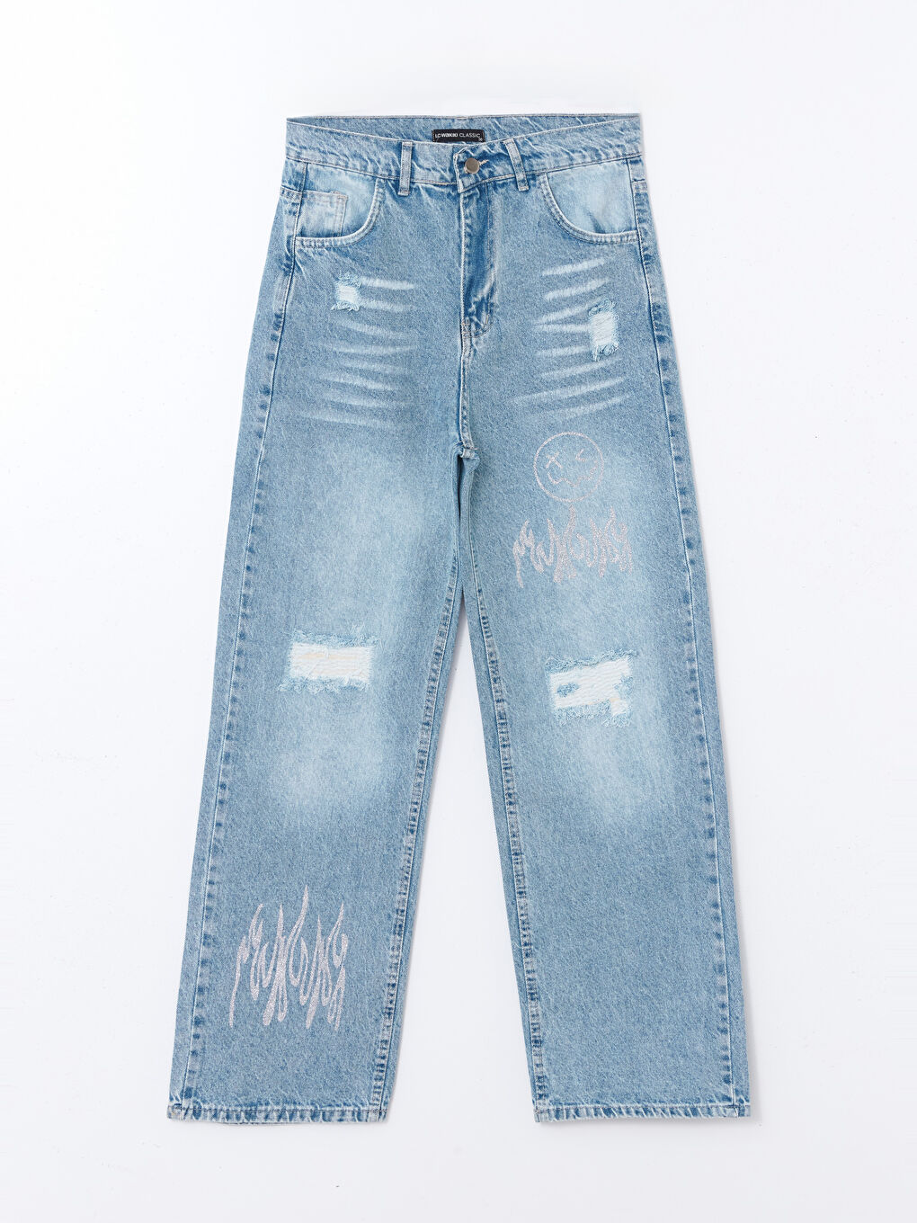 Straight Fit Ripped Detail Patterned Women's Jeans-4