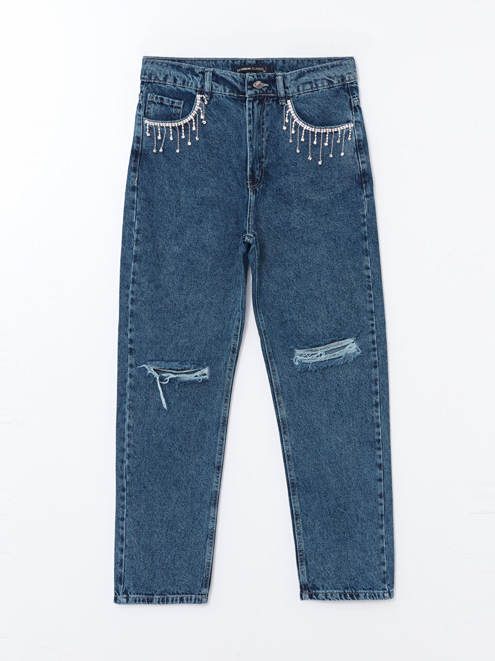 Straight Fit Ripped Detail Rhinestone Embellished Women's Jeans -W4LH89Z8-507