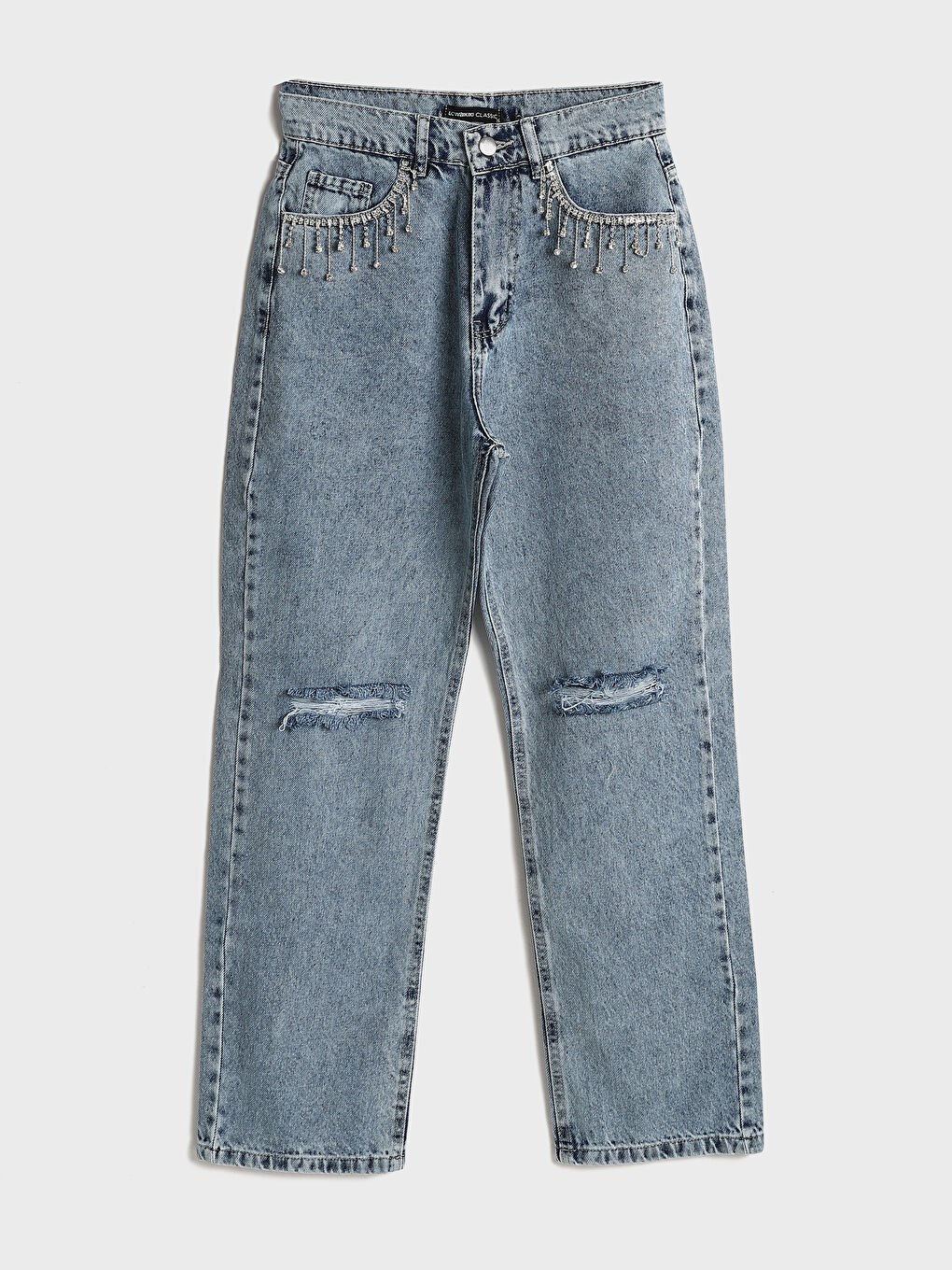 Straight Fit Ripped Detail Rhinestone Embellished Women's Jeans -W4LH89Z8-311