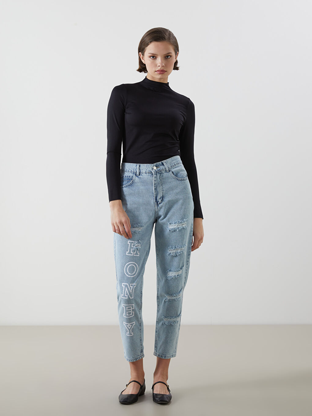 Mom Fit Printed Ripped Detail Women's Jeans -W4LH91Z8-311