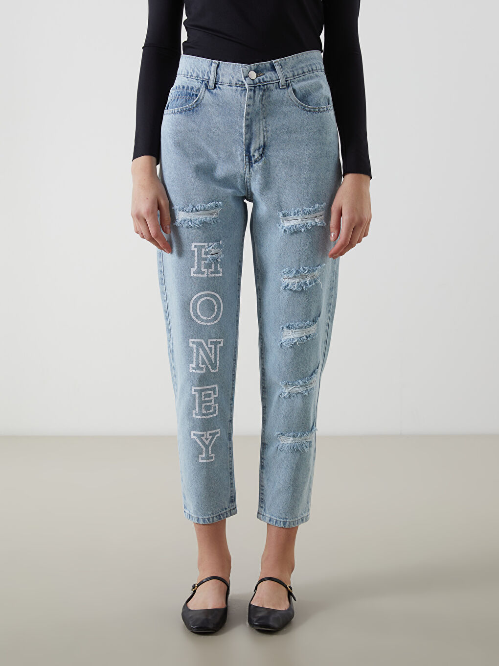 Mom Fit Printed Ripped Detail Women's Jeans -W4LH91Z8-311