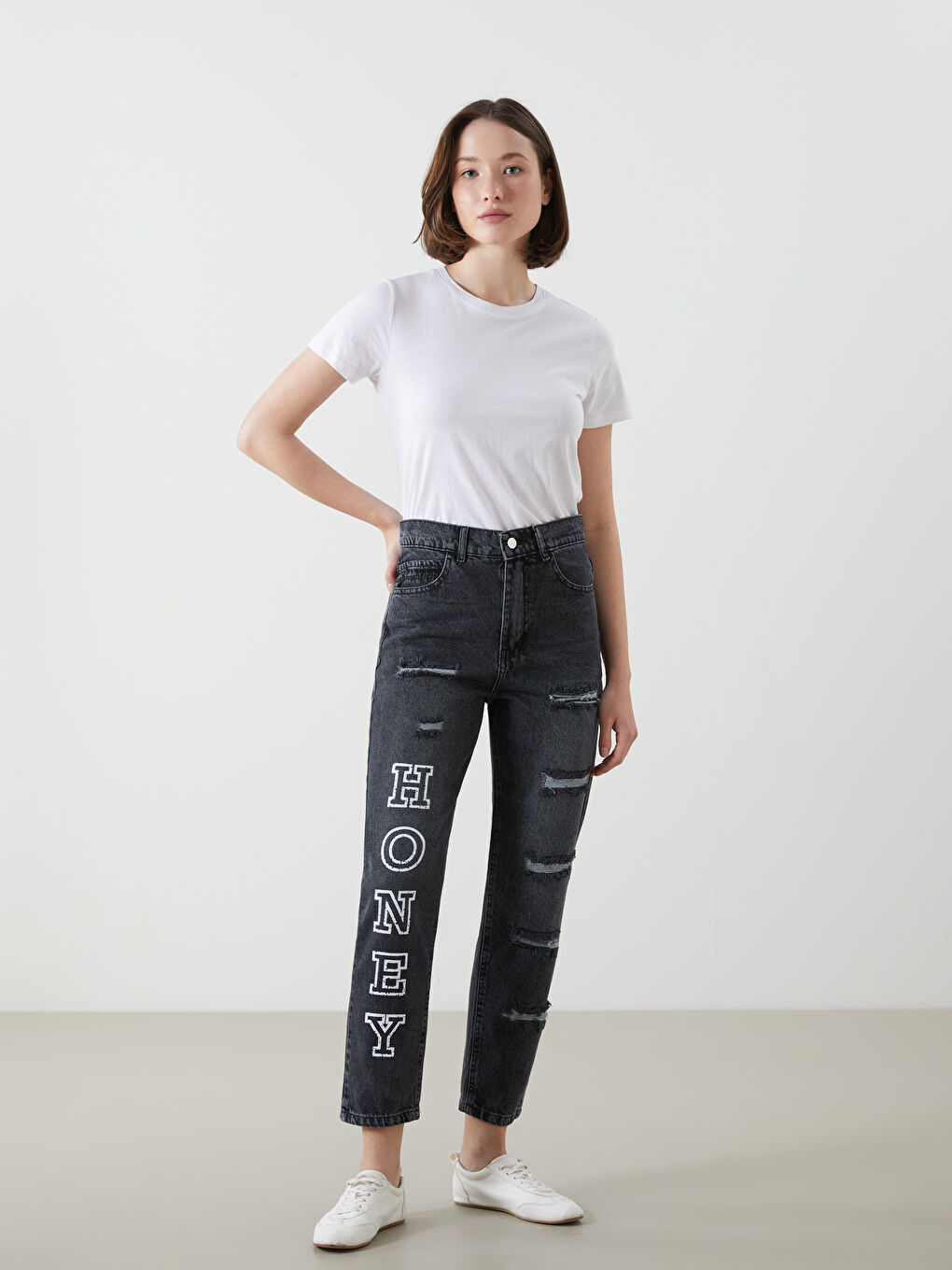 Mom Fit Printed Ripped Detail Women's Jeans -W4LH91Z8-507
