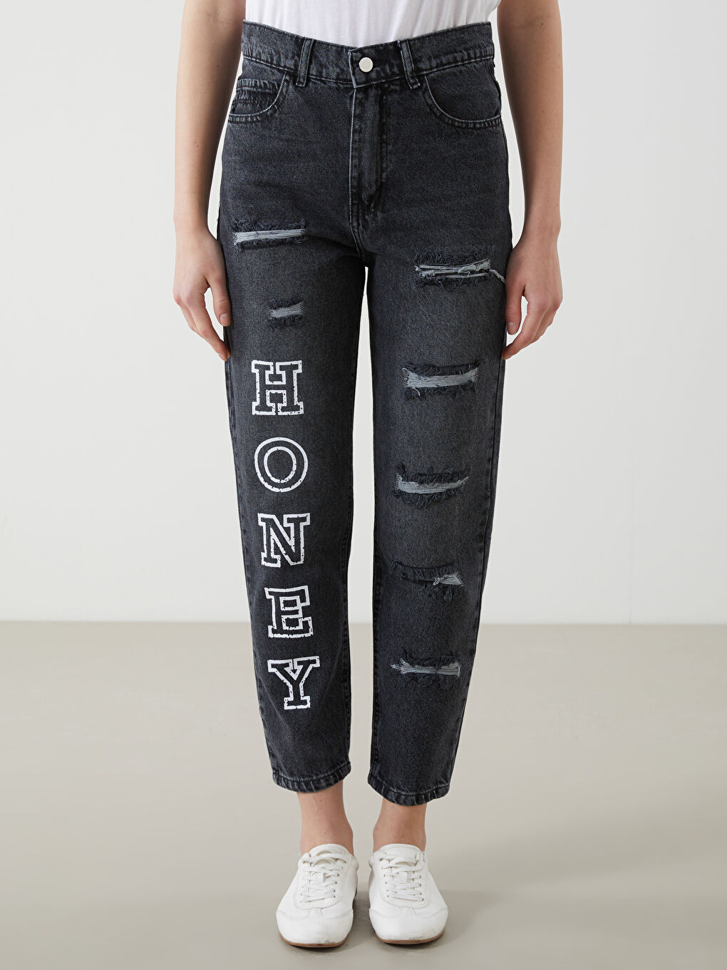 Mom Fit Printed Ripped Detail Women's Jeans -W4LH91Z8-507