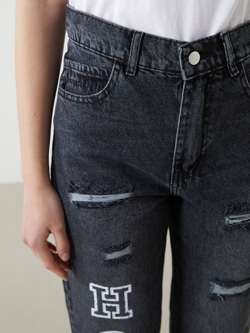 Mom Fit Printed Ripped Detail Women's Jeans -W4LH91Z8-507