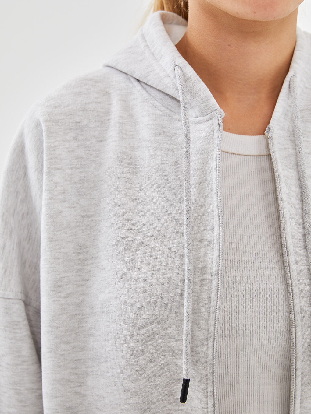 Gri Kapüşonlu Oversize Kadın Fermuarlı Sweatshirt-2