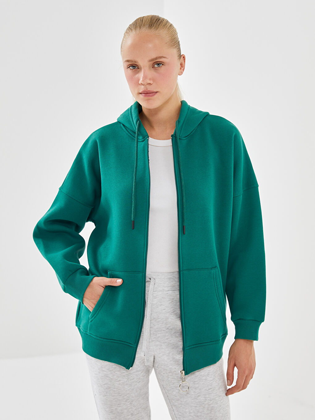 Yeşil Kapüşonlu Oversize Kadın Fermuarlı Sweatshirt