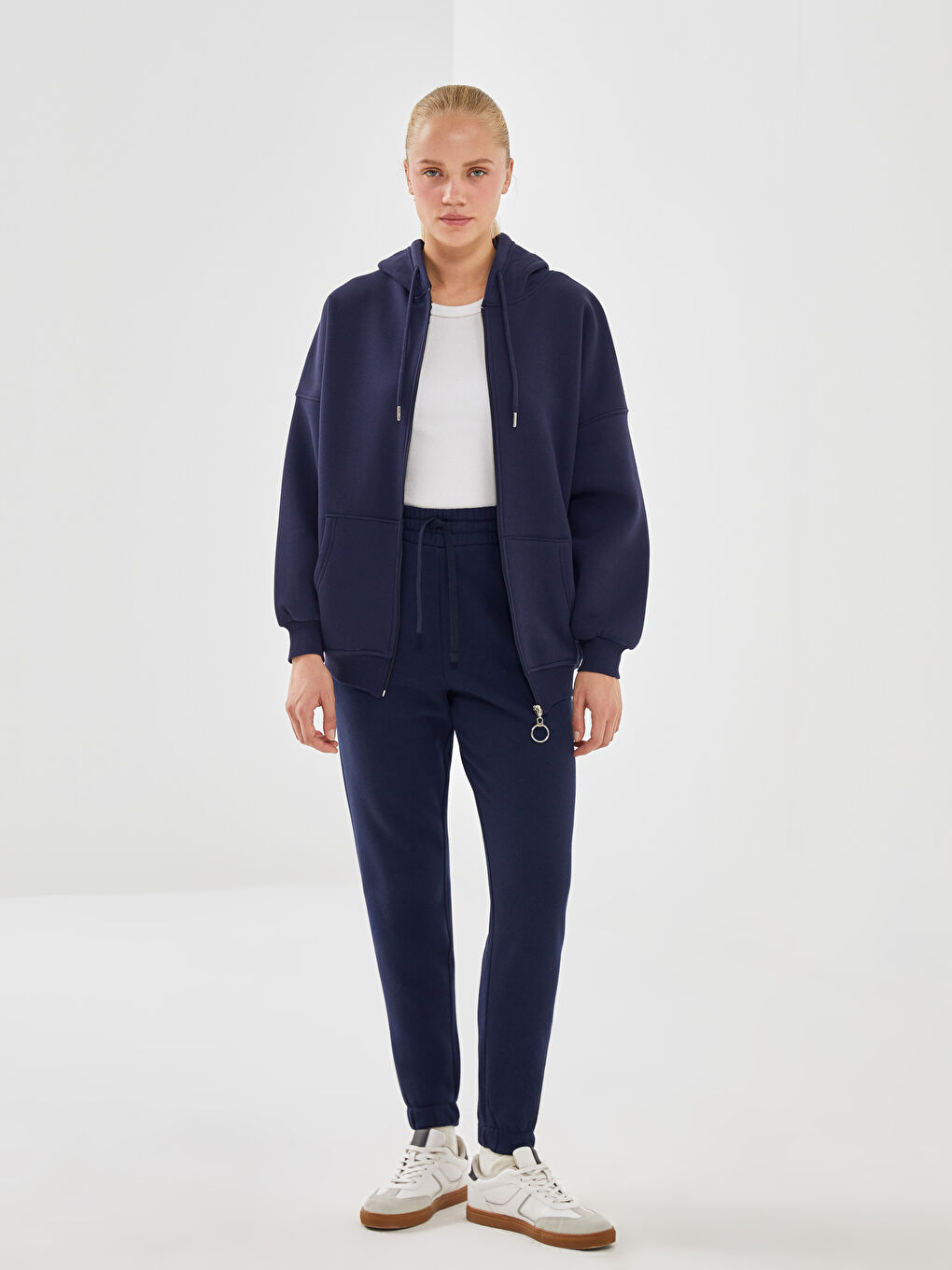 Lacivert Kapüşonlu Oversize Kadın Fermuarlı Sweatshirt-1