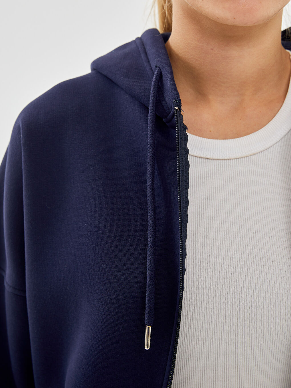 Lacivert Kapüşonlu Oversize Kadın Fermuarlı Sweatshirt-2