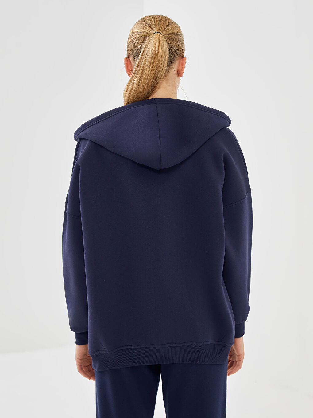 Lacivert Kapüşonlu Oversize Kadın Fermuarlı Sweatshirt-3