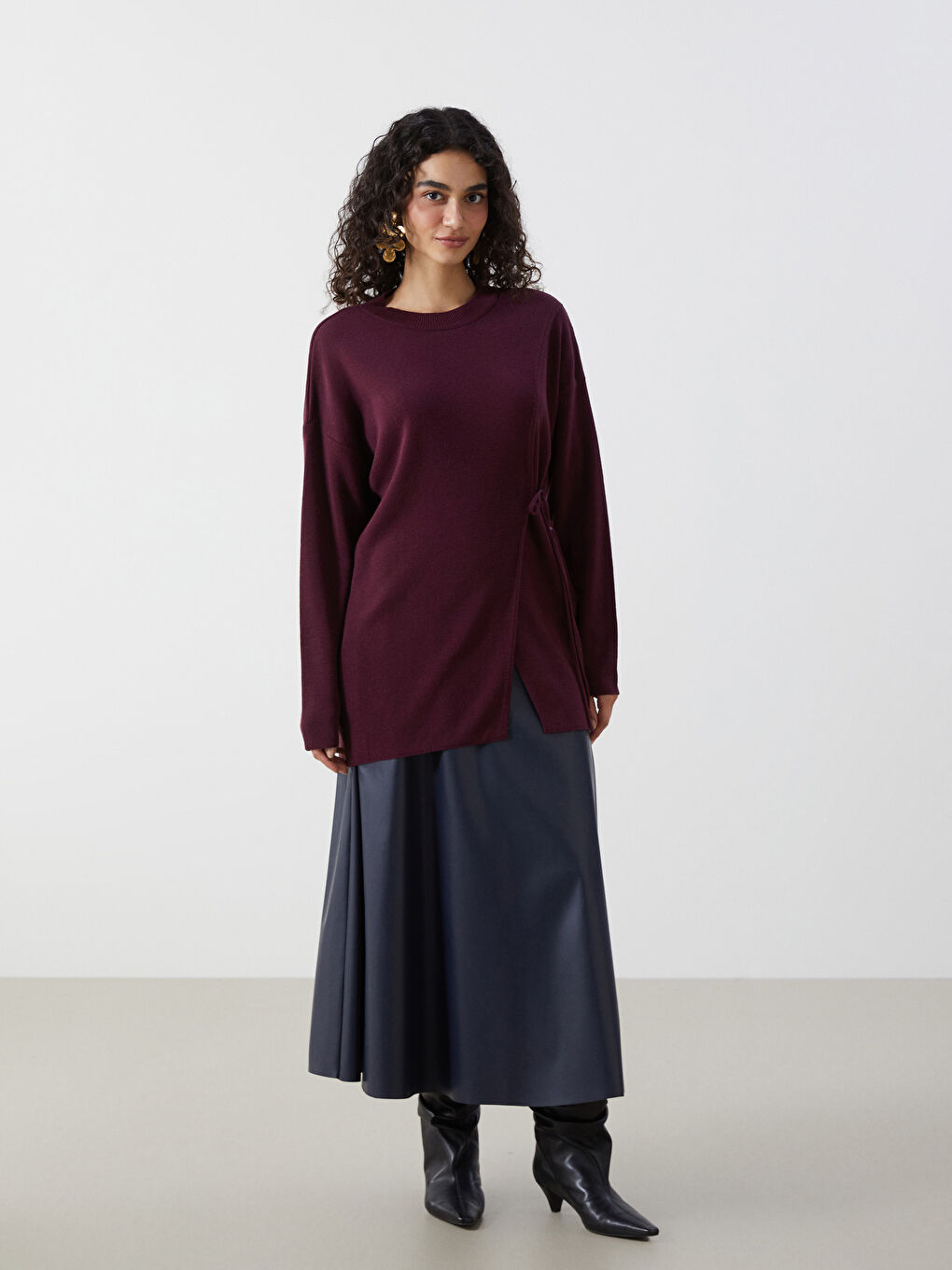 Bordo Bisiklet Yaka Kadın Triko Tunik-1