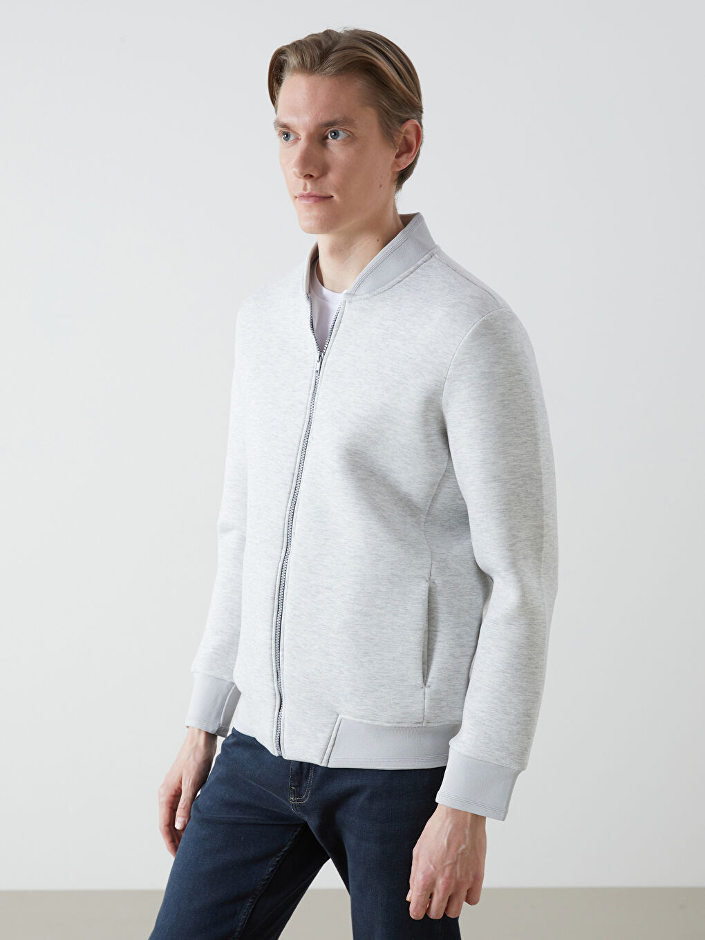 LCWAIKIKI Basic Gri Kolej Yaka Uzun Kollu Erkek Fermuarlı Sweatshirt