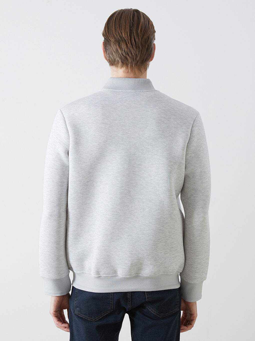 LCWAIKIKI Basic Gri Kolej Yaka Uzun Kollu Erkek Fermuarlı Sweatshirt - 3