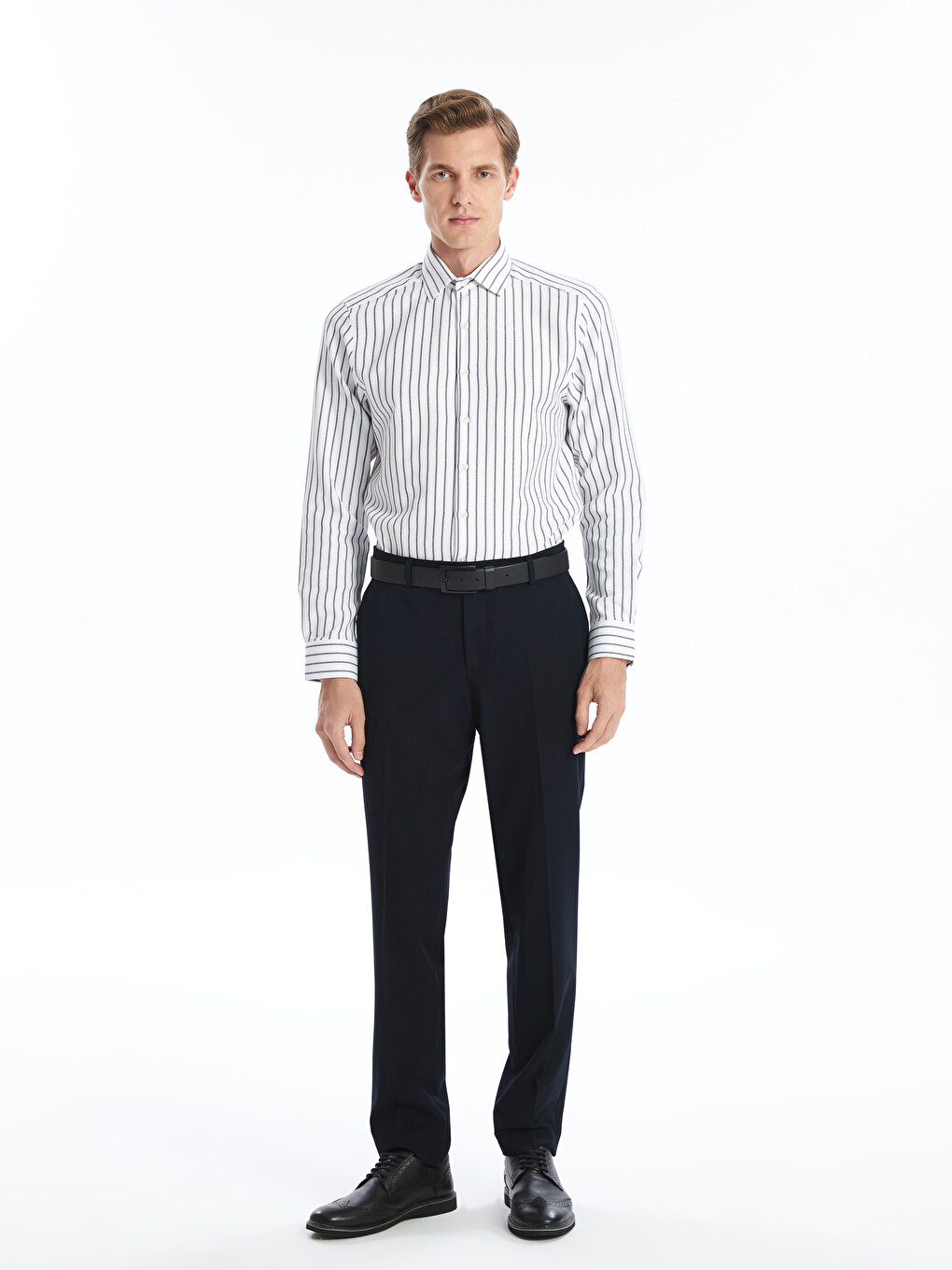 Lacivert Slim Fit Uzun Kollu Çizgili Armürlü Erkek Gömlek-1