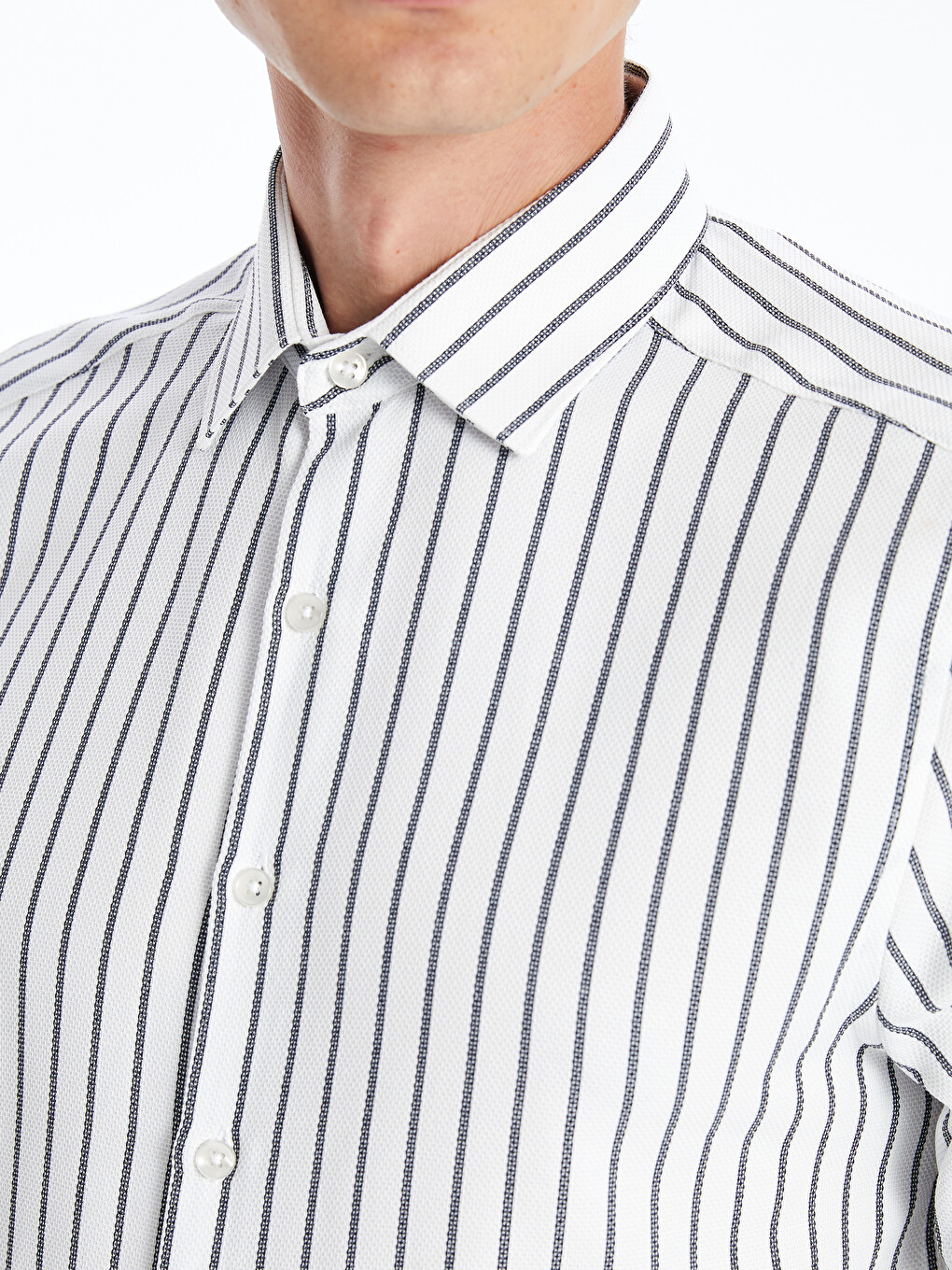 Lacivert Slim Fit Uzun Kollu Çizgili Armürlü Erkek Gömlek-2
