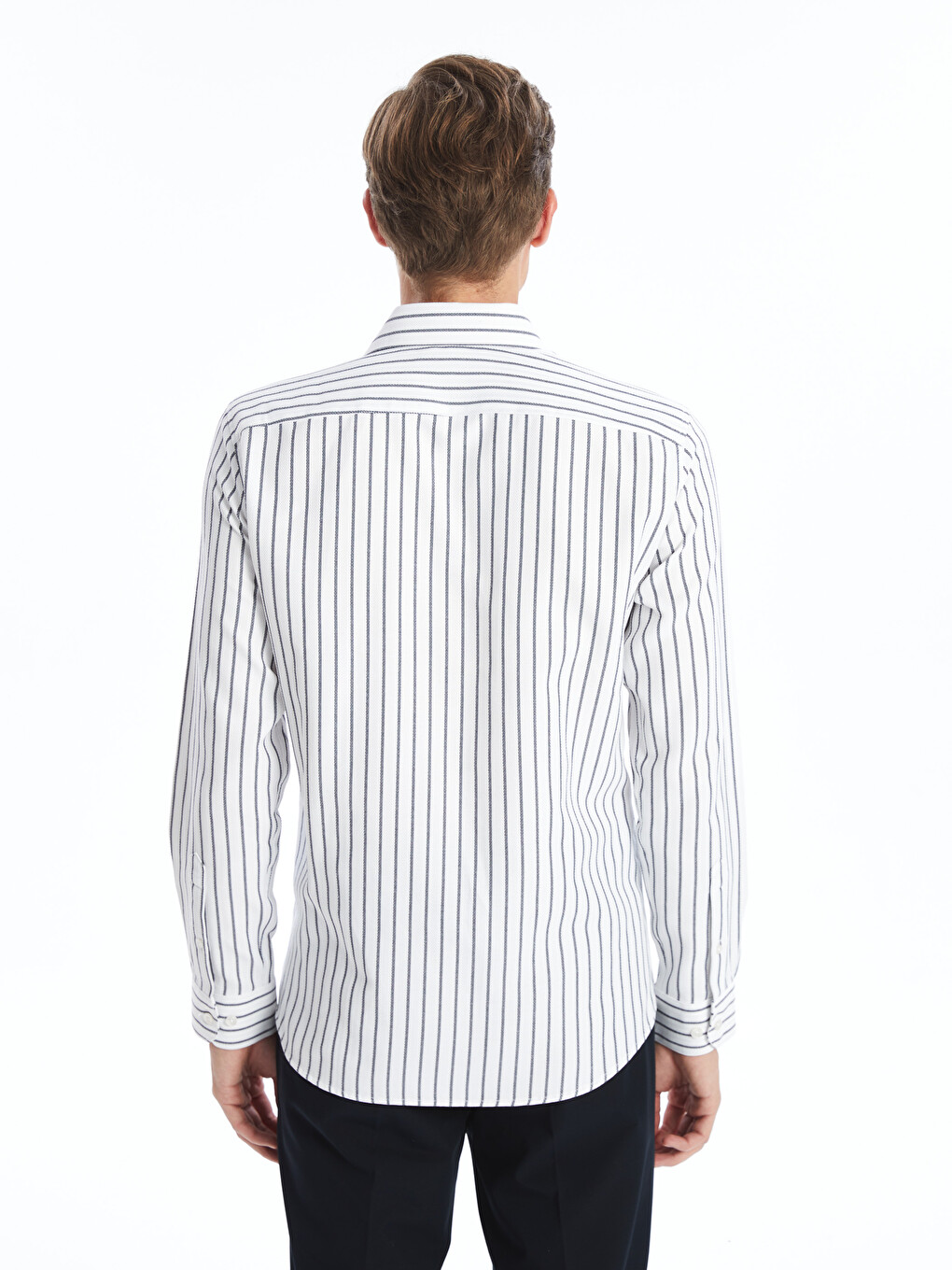 Lacivert Slim Fit Uzun Kollu Çizgili Armürlü Erkek Gömlek-3