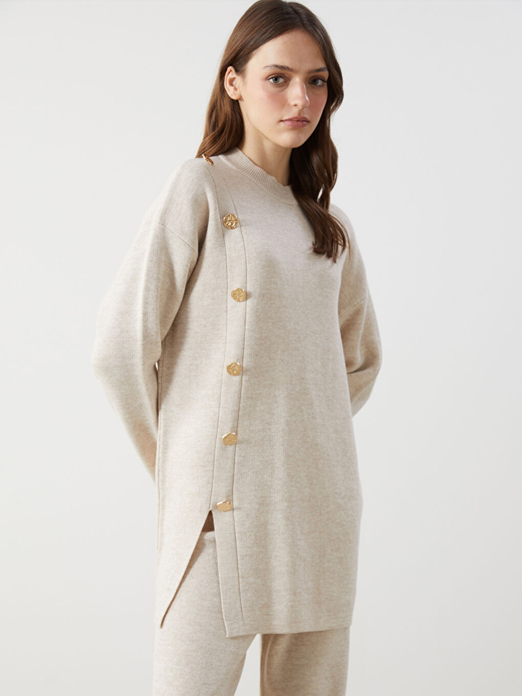 Ekru Dik Yaka Kadın Triko Tunik