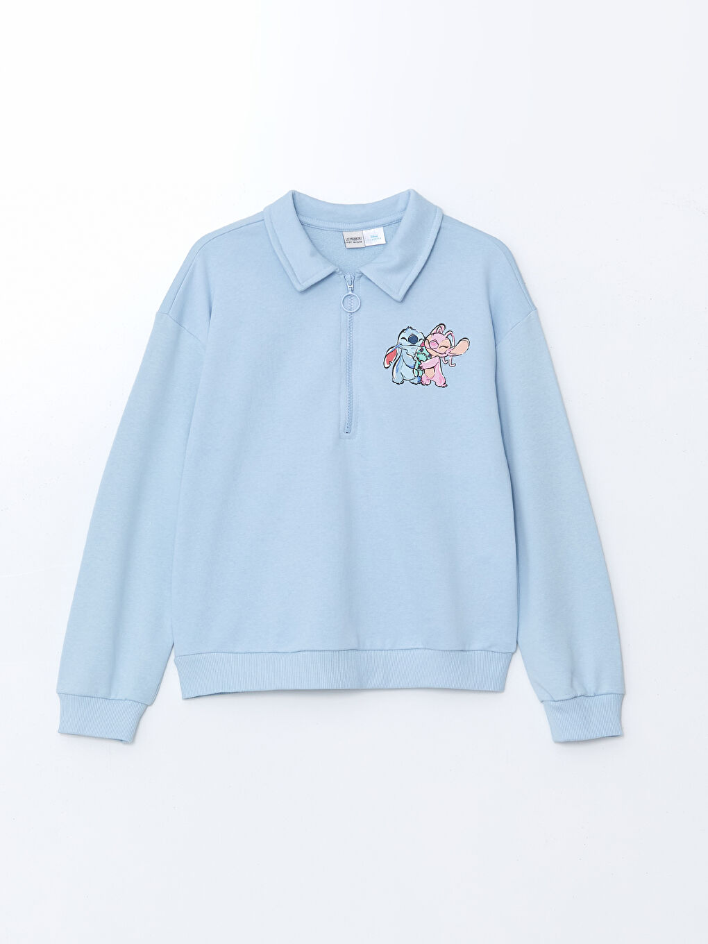 LCW Kids Mavi Polo Yaka Lilo ve Stitch Baskılı Kız Çocuk Sweatshirt