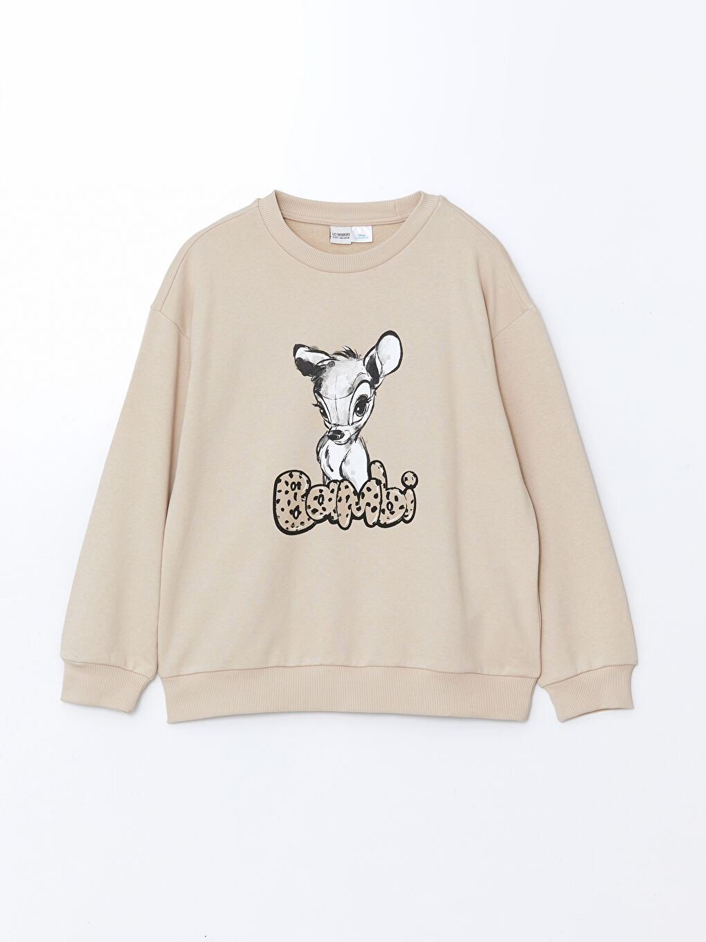 LCW Kids Bej Bisiklet Yaka Bambi Baskılı Kız Çocuk Sweatshirt