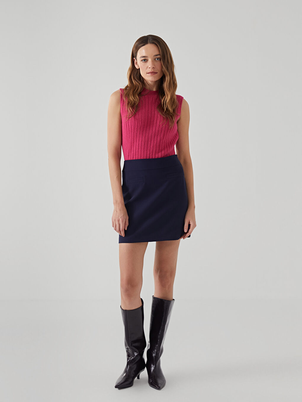 Lacivert Beli Fermuarlı Krep Kadın Mini Etek