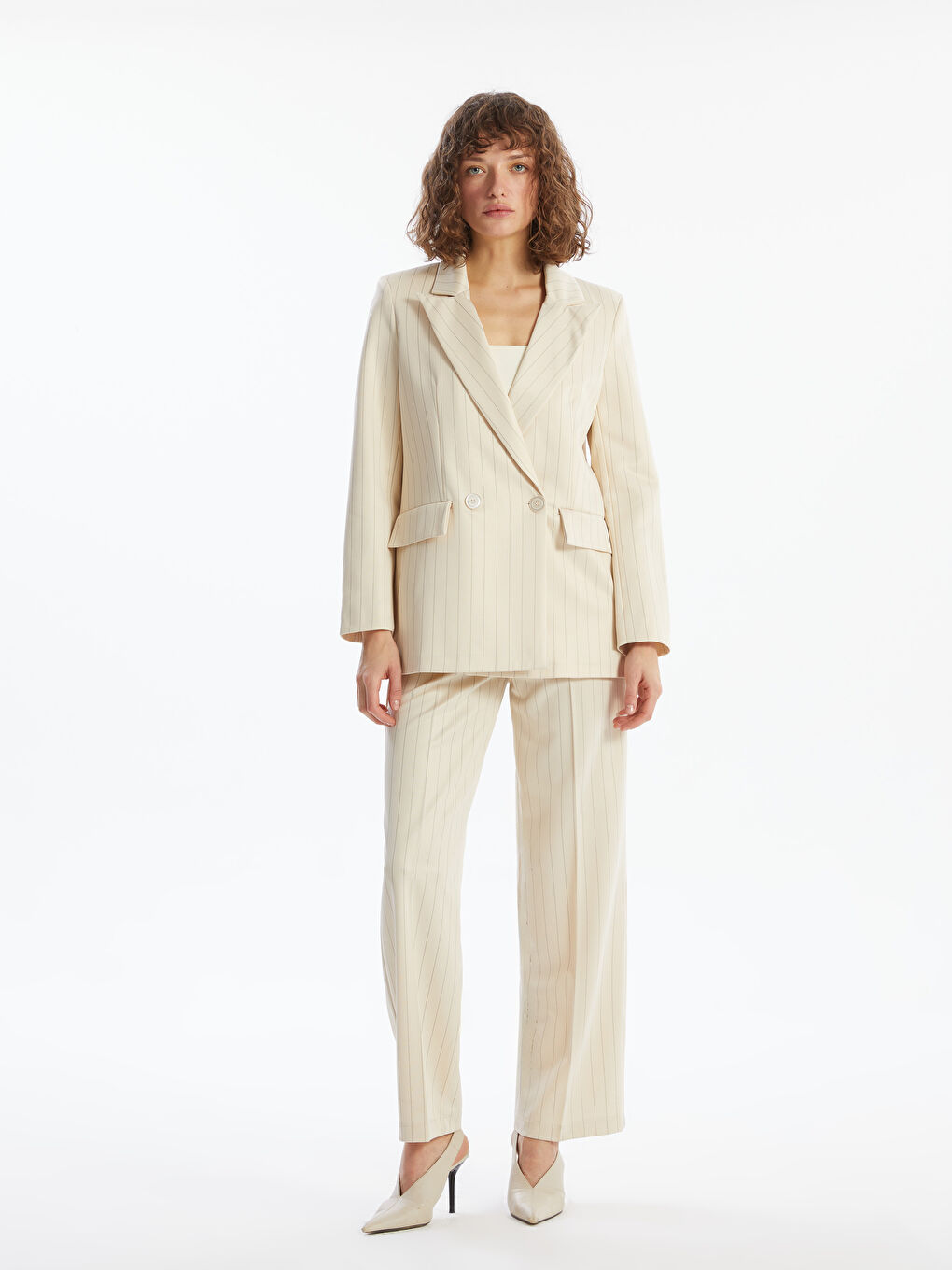 Bej Çizgili Kadın Blazer Ceket-1