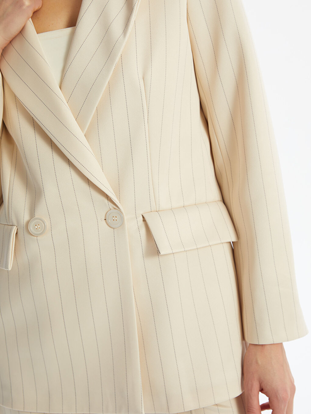 Bej Çizgili Kadın Blazer Ceket-2