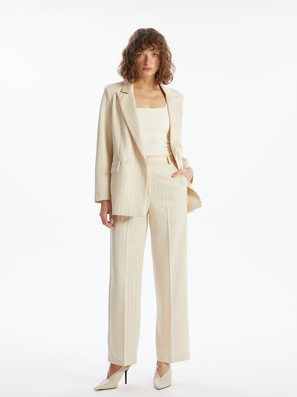 Bej Loose Fit Çizgili Kadın Pantolon