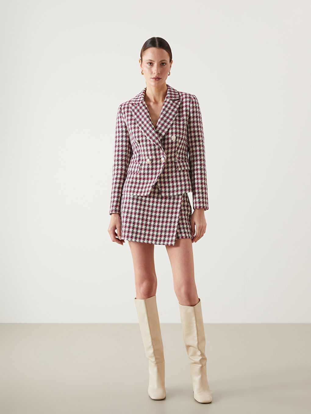 Karışık Ekose Kadın Tüvit Blazer Ceket-1