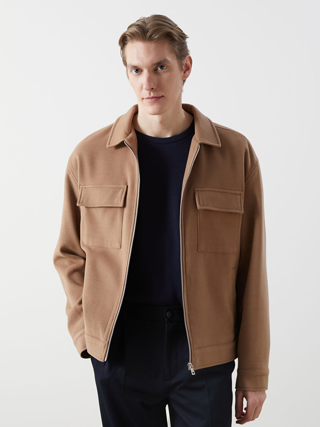 Kahverengi Standart Kalıp Gömlek Yaka Erkek Kaşe Mont