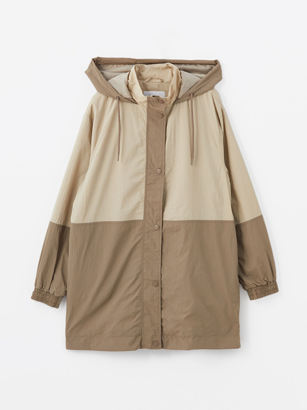 Bej Kapüşonlu Renk Bloklu Oversize Kadın Yağmurluk-6