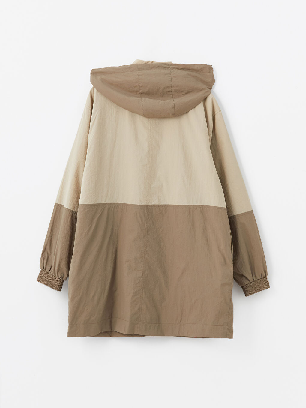 Bej Kapüşonlu Renk Bloklu Oversize Kadın Yağmurluk-7