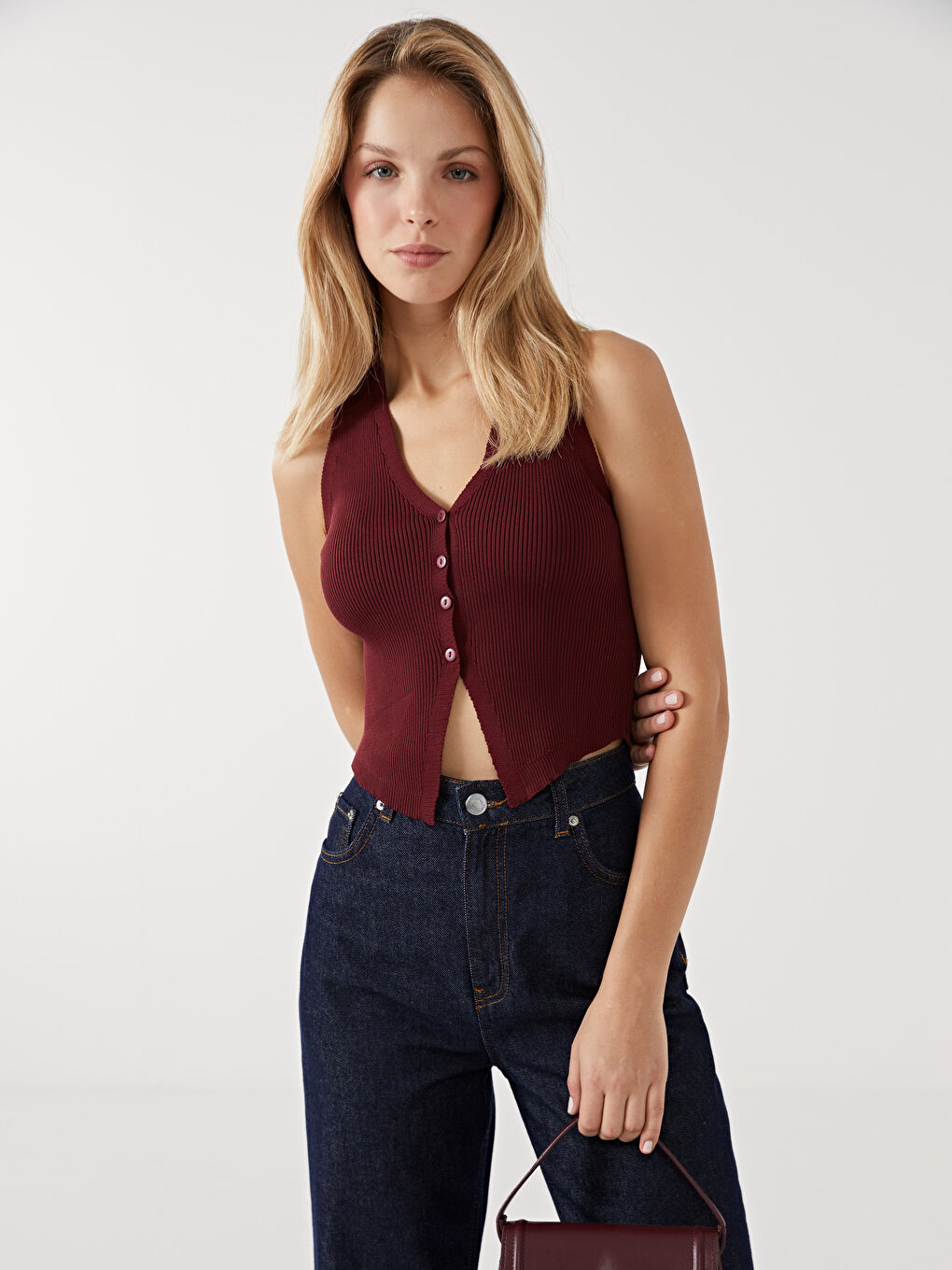 Bordo V Yaka Kadın Triko Yelek