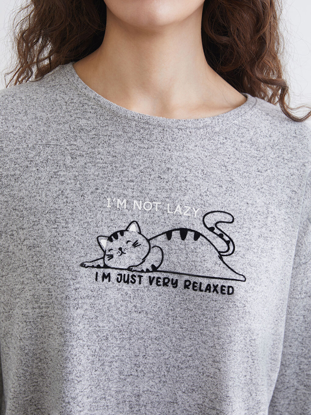 Gri Bisiklet Yaka Baskılı Kadın Pijama Üstü-2