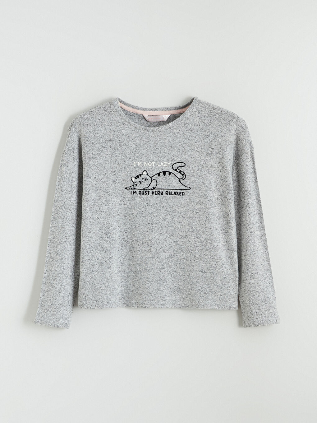 Gri Bisiklet Yaka Baskılı Kadın Pijama Üstü-4