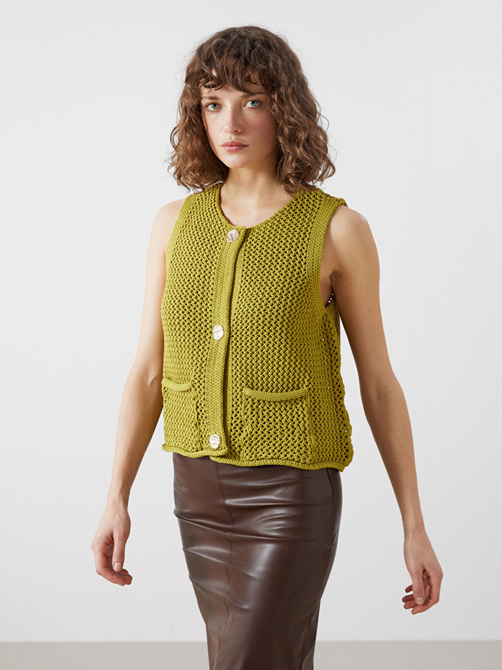 Yeşil Bisiklet Yaka Ajurlu Kadın Triko Süveter