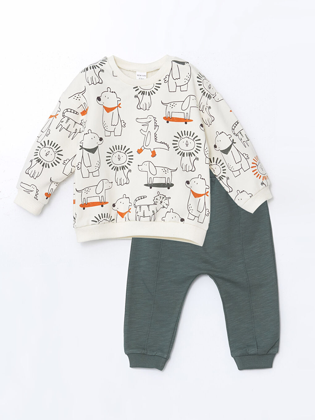 LCW baby Ekru Bisiklet Yaka Baskılı Erkek Bebek Sweatshirt ve Eşofman Alt 2'li