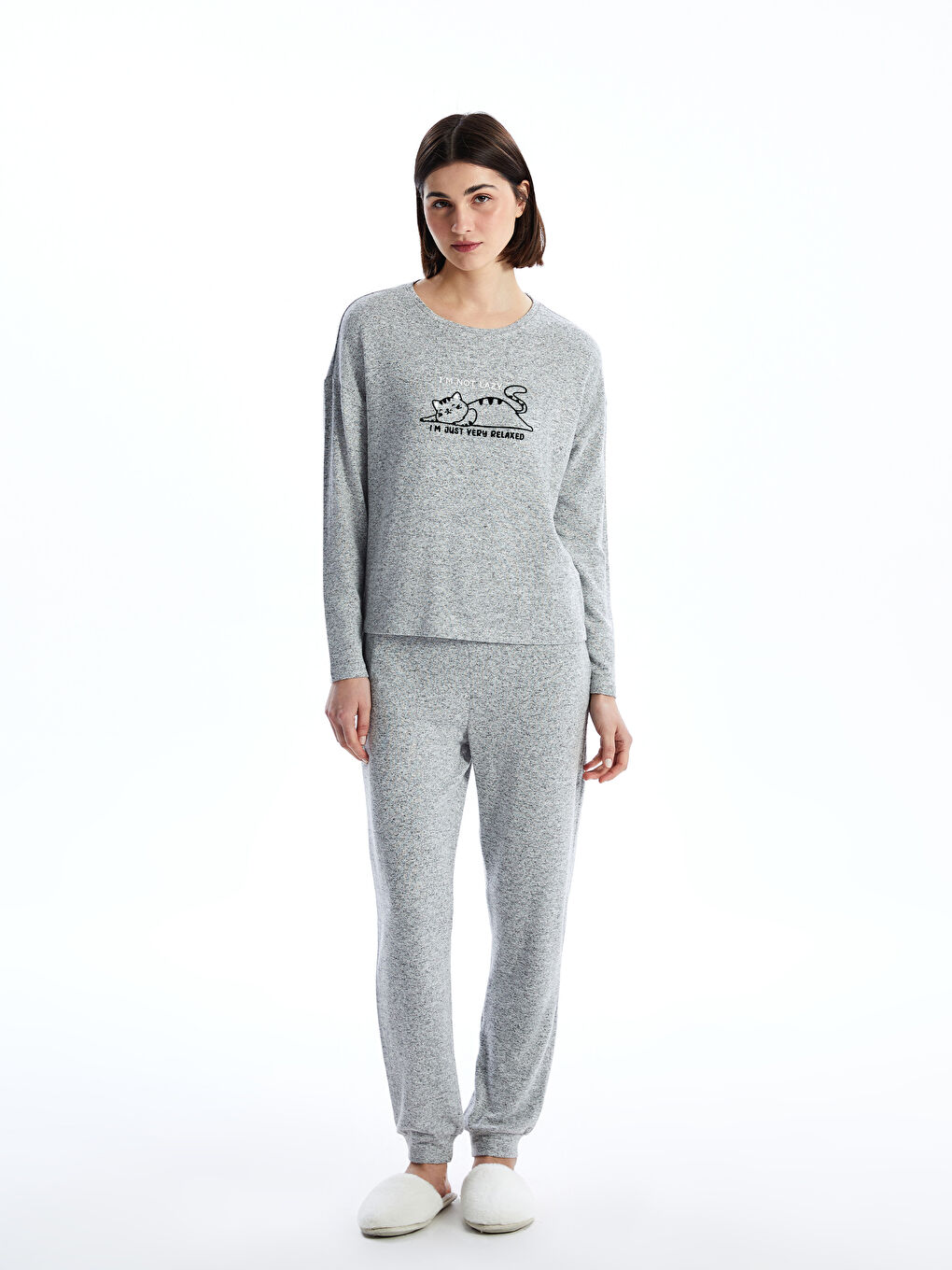 Gri Bisiklet Yaka Baskılı Kadın Pijama Takımı