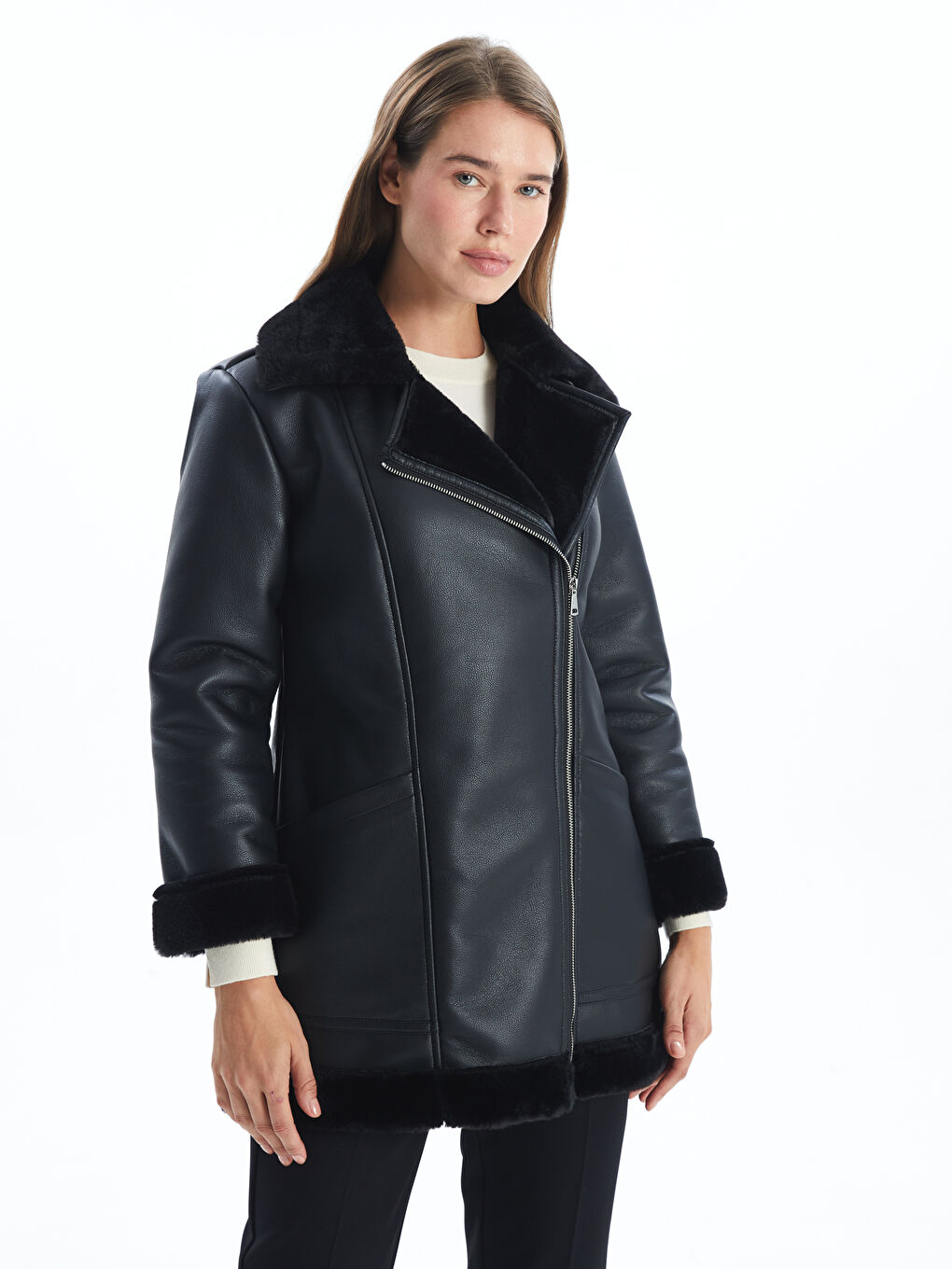 LCW Modest Women's Biker Neck Plain Faux Leather Jacket -W51605Z8-CVL